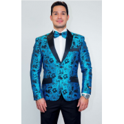 Turquoise Tapestry Floral Slim Fit Tuxedo Jacket